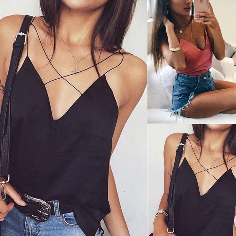 Модный топ на бретельках, новинка, сексуальный v-образный вырез, на бретельках, для женщин, жилет, майка, блузка, топы