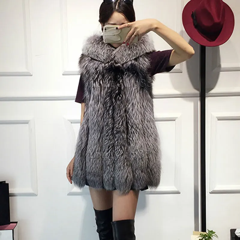

2019 New fur vest imitation silver fox fur coat hooded vest vertical stripe medium-long vest large size women