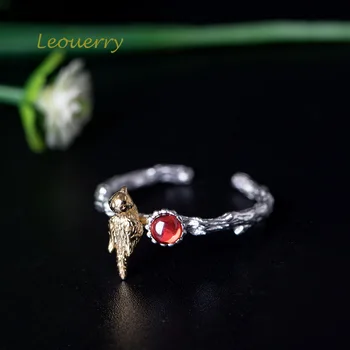 

Leouerry 925 Sterling Silver Handmade Design Wine Red Garnet Ring Unique Bird on Branch Open Rings for Women Silver 925 Jewelry