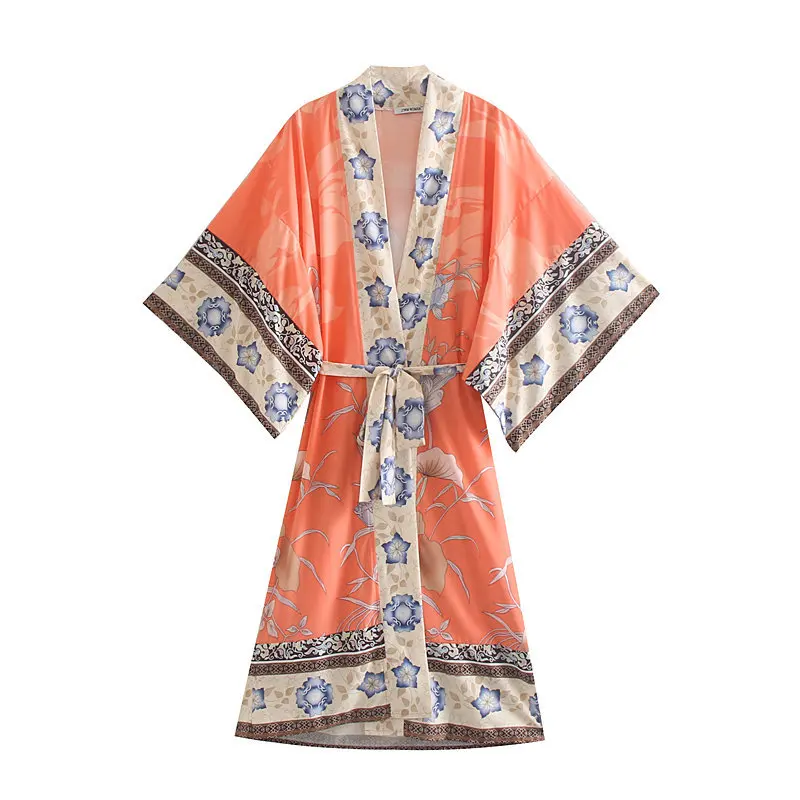 

Europe And America WOMEN'S Dress Bohemian Crane Flower Printed Robe Sub-Loose-Fit Vacation Style Cardigan Long Sweater Coat
