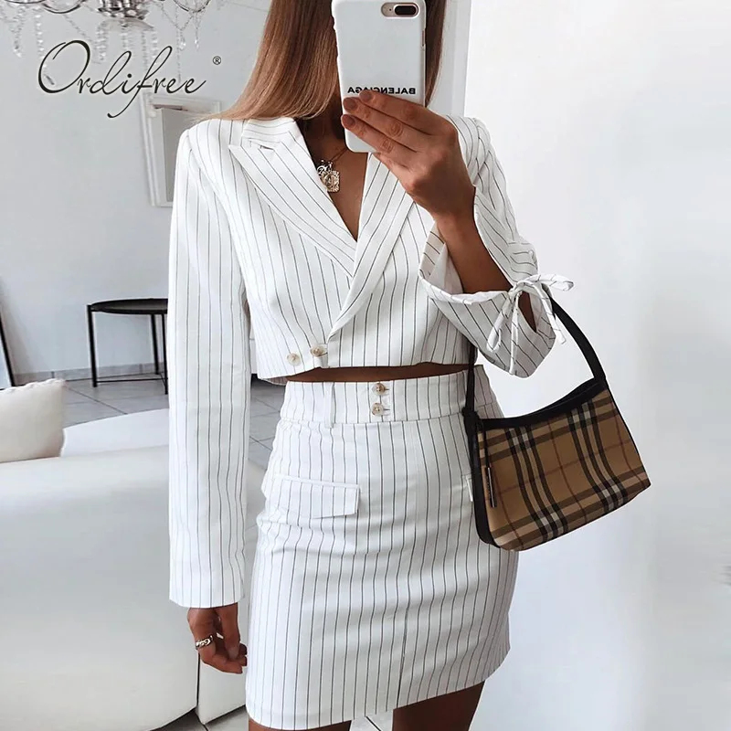 

Ordifree 2019 Autumn Women 2 Piece Set Short Blazer Suit Jacket Striped Belted Mini Skirt Crop Top and Skirt Set Outfit