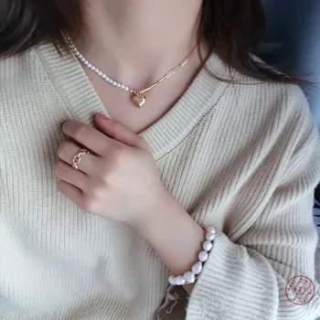 

OBEAR 100% 925 Sterling Silver Asymmetry Pearl Chain Heart Pendant Necklace for Women Originality Luxury Jewelry Gift