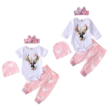 

4pcs/set Baby Girl Lace Sleeve Fawn Printed Jumpsuit Infant Romper Trousers Hat Hair Band Toddler Suit Clothes
