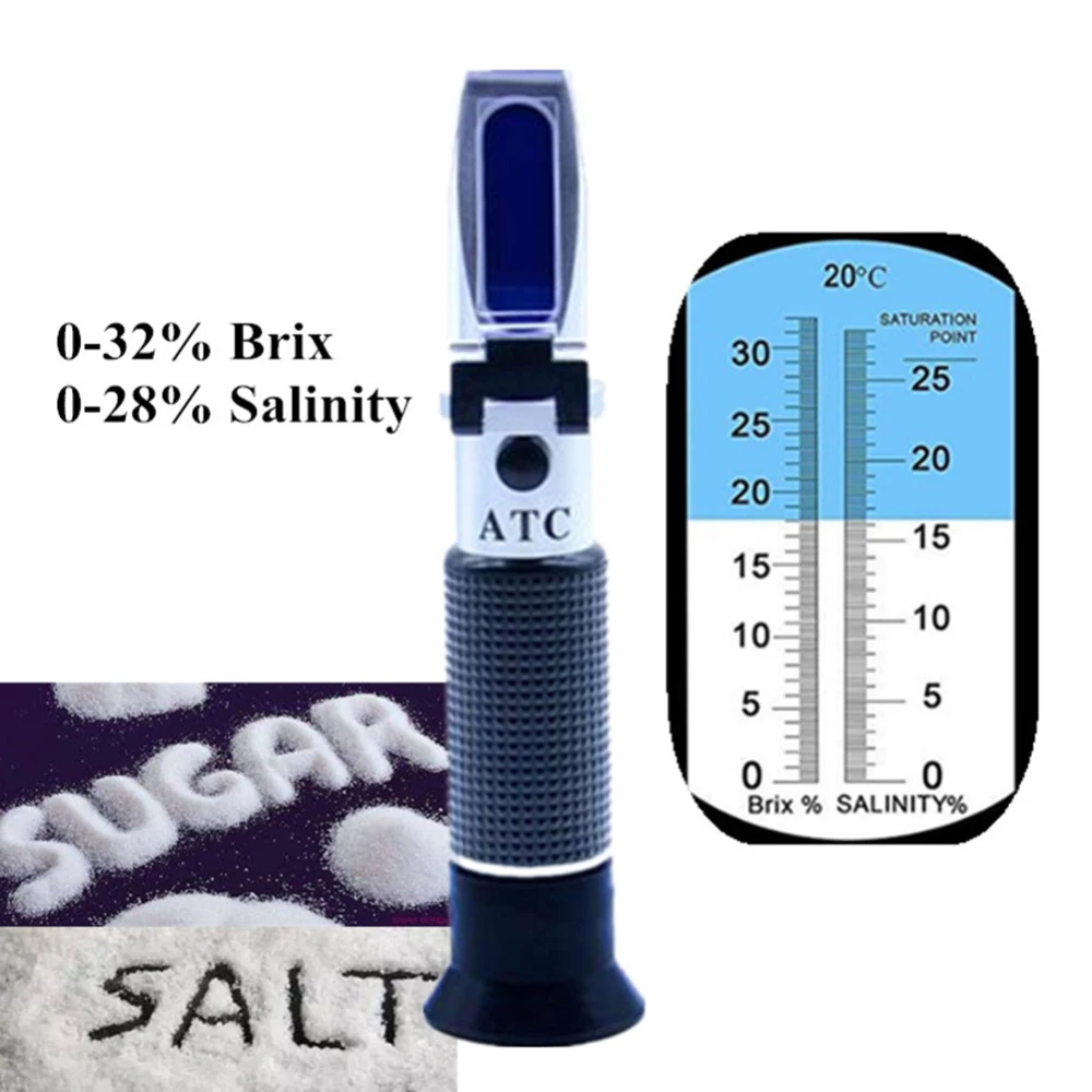 

Handheld Refractometer Sugar Salt Meter Refractometer Sweet Cream Tester Juice Food Detector 0-28% Salt 0-32% Brix Grapes ATC