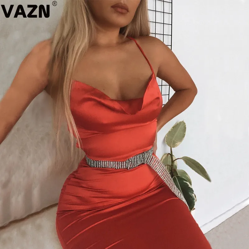 VAZN, Новое поступление, выдалбливают, сексуальные, открытые, модные, одноцветные, Холтер, открытая спина, без рукавов, для женщин, высокая талия, тонкое, миди платье