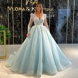 SoDigne Long Sleeves Evening Dress Sexy V Neck Long Sleeves Arabic Prom Formal Dress Lace Appliques Women Evening Gowns