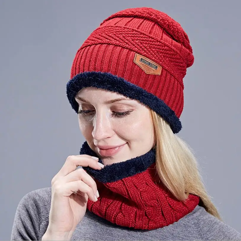 

Winter Men Warm Fur Hat Scarf Soft Knitted Hat Scarf Set Skullies Beanies Hat For Women Unisex Knitted Caps