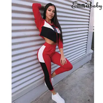 

2020 Tracksuit 2pcs Women Set Hoodies Crop Top Sweatshirt+Gym Pants Legging Red Hooded 2 Pieces Sets Sport Wear Female Clothing