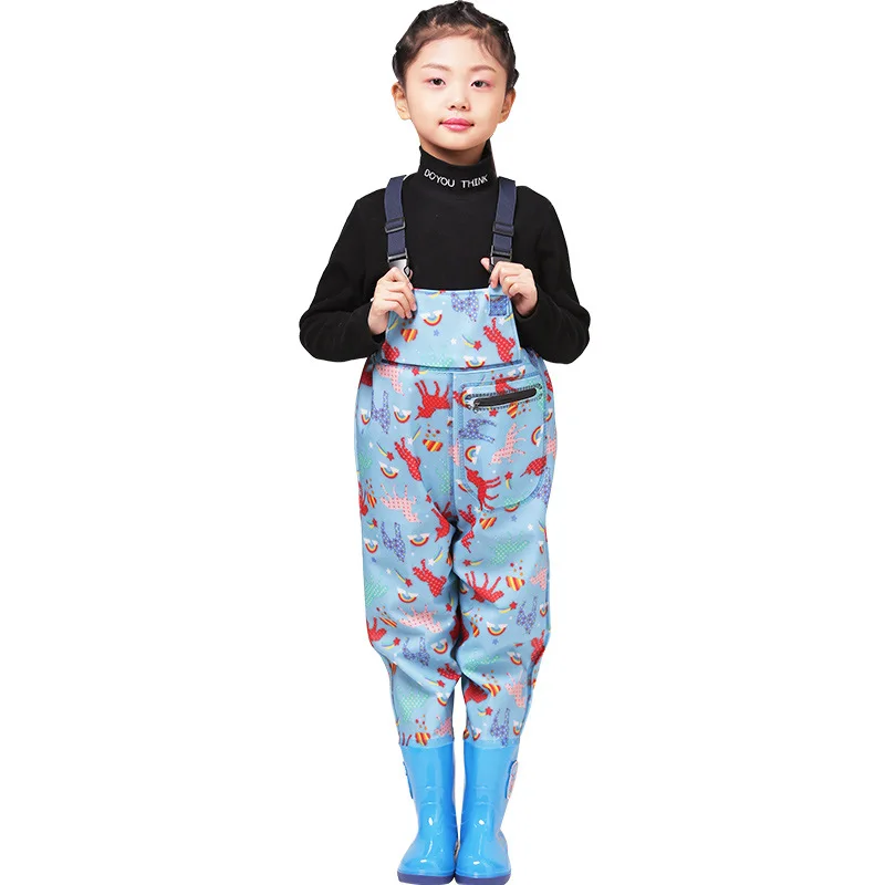 Fishing Chest Waders with Boots for Kids Outdoor Activities Girls Boys PVC Rain Pants+Waterproof Bootfoot, Max Foot 22cm(8.65in)