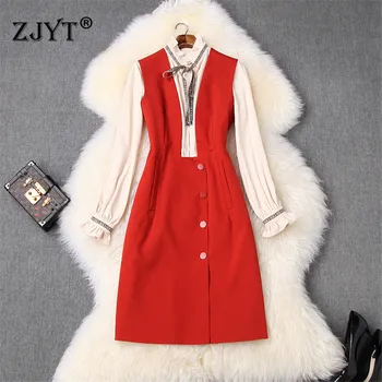 

New Fashion Spring Dress Women 2020 Elegant Designer Lady Ruffle Neck Chiffon Blouse and Single Breasted Dress 2Piece Set