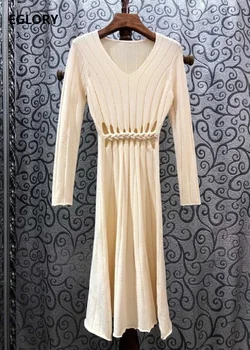 

Hollow Out Sexy Dress 2020 Spring Autumn Casual Sweater Dress Women V-Neck Twist Knitting Long Sleeve Black Apricot Jumper Dress