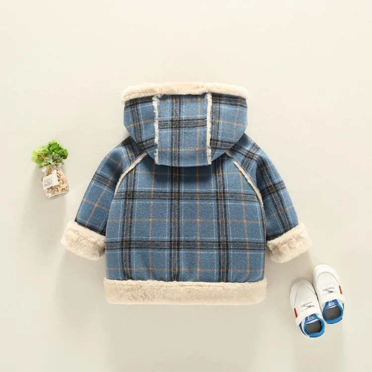 Winter Girls Hooded Clothes Plus Velvet Thick Korean Baby Thick Fur Collar Plaid Warm Jacket Baby Boy Jacket