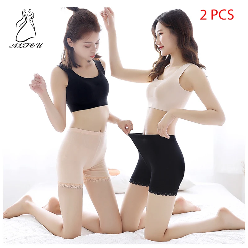 

2 Pcs 2019 Ladies Anti-light Seamless Safety Pants Ice Silk Large Size Black and White Skin Safety Pants Breathable Short Tights