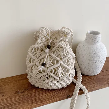 

Drawstring Bucket bag 2020 Summer New High-quality Weaving Women's Designer Handbag Hollow Shoulder Crossbody Bag Beach bag