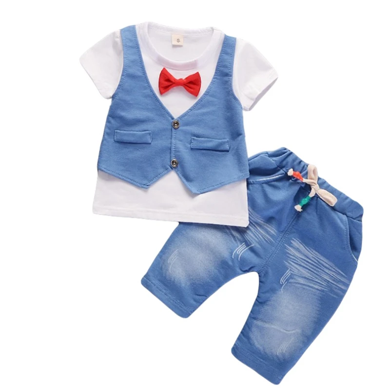 

Summer Kids Clothes Baby Boy Clothes Gentleman Tracksuit Fake Two Bow Tie Vest T-Shirt + Shorts Jeans Two-Piece Set