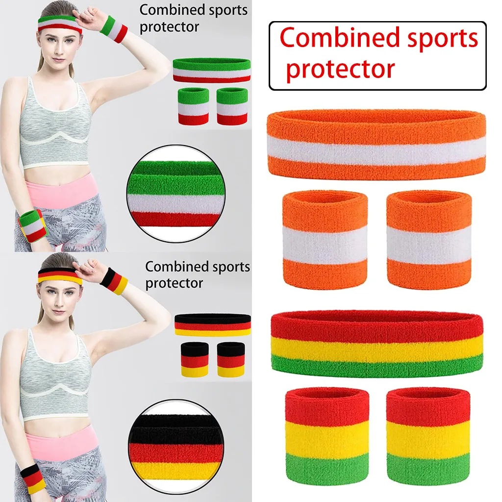 Unisex Sweatband Set- 1 Headband personality Soft and comfortable And 2 Wristbands Cotton for Sports Patchwork