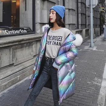 

2019 New Women Long Coat Parkas Female Glossy Winter Warm Thicken Faux Fur Coats Silver Down Jacket Parker Jacket Coat#J30