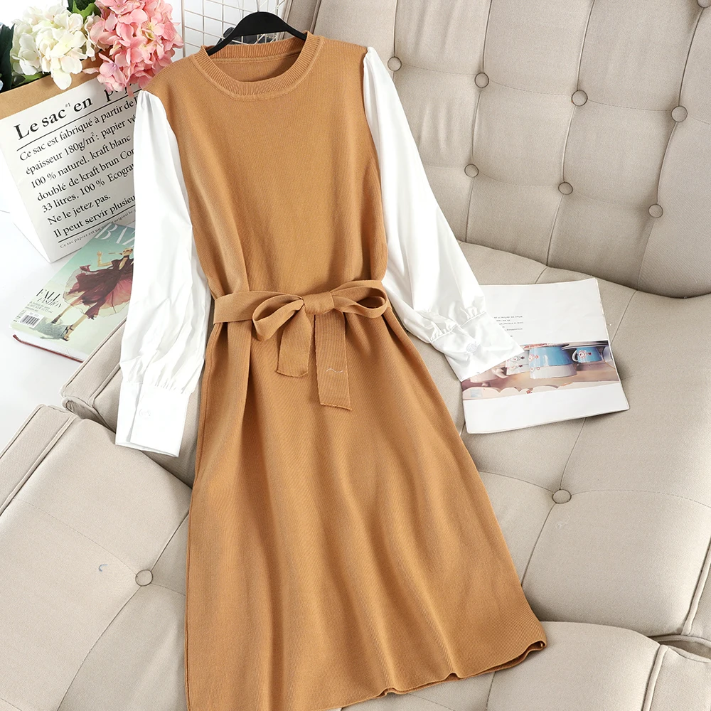 SINGRAIN Women Long Sweater Dress Long Sleeves Casual Patchwork Fake Two Piece Plus Size Midi Dress Elegant Office Knitted Dress