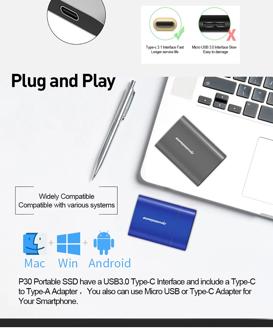 Портативный P30 SSD 2 ТБ 1 ТБ USB 3,0 внешний твердотельный накопитель 128 ГБ 256 512 противоударный SSD для портативных ПК Mac чехол для телефона