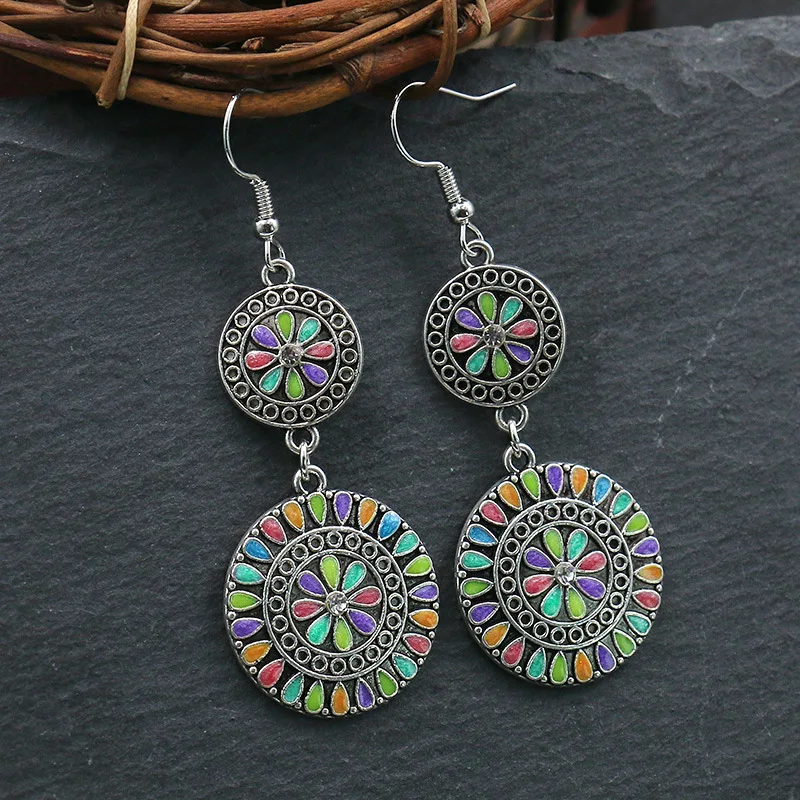 Boho Geometry Double-deck Round Drop Earrings for Women Vintage Multicolor Oil Drip Long Jewelry Accessories Gift | Украшения и