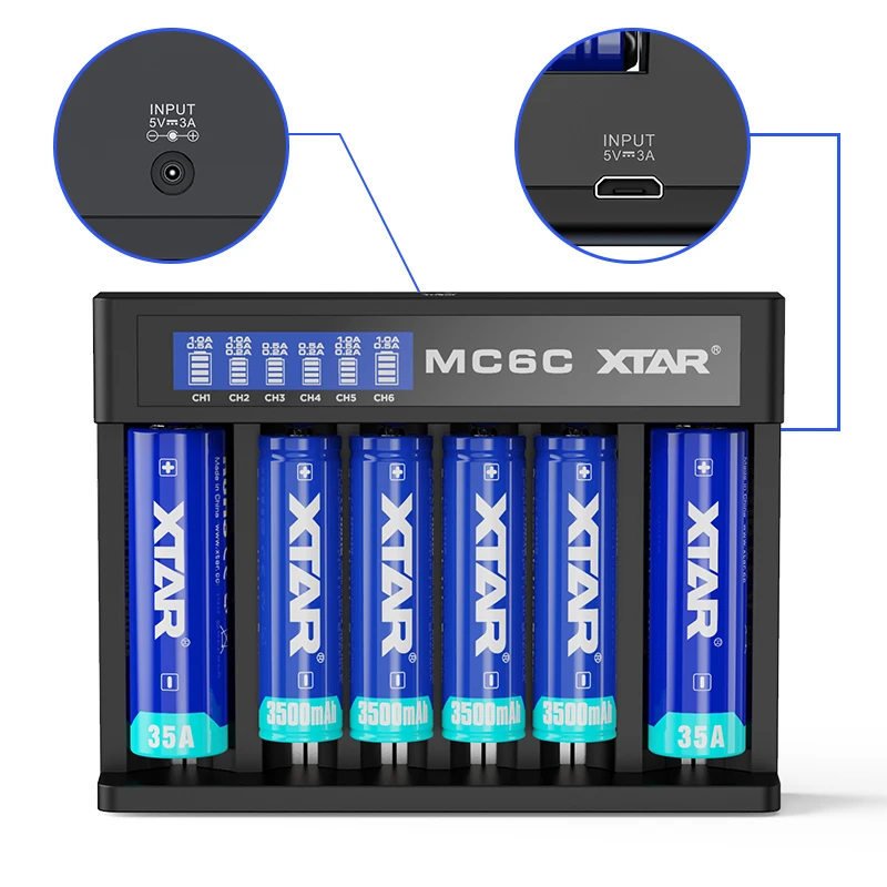 Зарядное устройство XTAR MC6C, умное ЖК-зарядное устройство, 5 В, 3 А, USB кабель, вход постоянного тока, TC, CC, CV, зарядка, 3,6 В, 3,7 в, литий-ионный аккумулятор, 18650