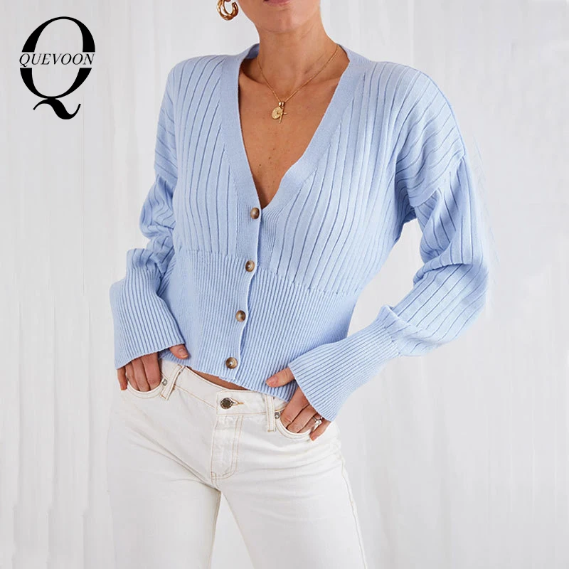 

QUEVOON Elegant Sexy V Neck Cardigan Sweaters Ribbed Button Front Solid Knitting Female Sweater Autumn Winter Women Clothings