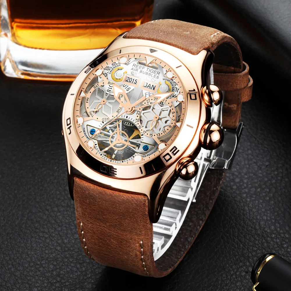 

Reef Tiger/RT Luxury Gold Men Skeleton Automatic Watches Tourbillon Leather Watches Waterproof Sport Mechanical Watch Men RGA703