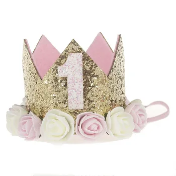 

Custom numbers Glitte Gold pink rose baby girl Birthday Party Hats,Mini crown Children hat cap kids birthday party decor cap