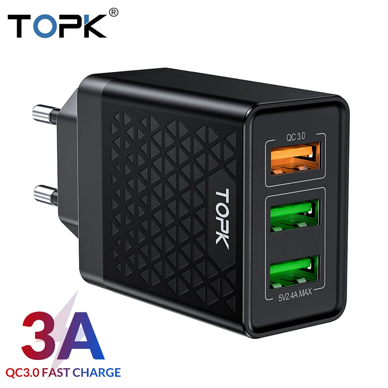 Быстрое зарядное устройство TOPK USB для Samsung S10 Plus Huawei Xiaomi Mi Redmi Note 7 QC Quick Charge 3 0