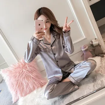 

Spring Autumn 2020 ladies pajamas simple shirt collar cardigan lapel high quality imitation silk female homewear sets