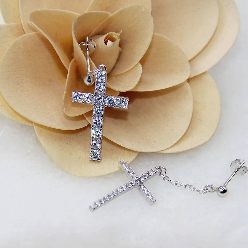 

Silvology 925 Sterling Silver Full Zircon Cross Earrings Asymmetry Minimalist Luxurious Stud Earrings for Women Festival Jewelry