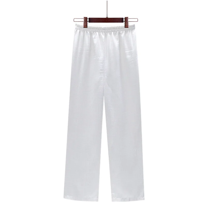 

20019 Men Flax Loose-Fit Trousers Solid Color Casual Pants Middle-aged Elastic with Drawstring Comfortable MEN'S Trousers