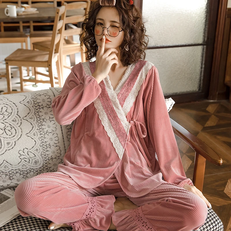 2019 зимний женский пижамный комплект осенний костюм для беременных теплая Пижама