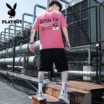 

Playboy men's short sleeve t-shirt summer running casual shorts trend summer handsome loose sports suit