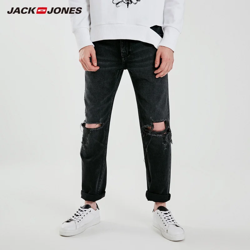 JackJones мужские Прямые рваные черные укороченные джинсы Мужская Уличная одежда