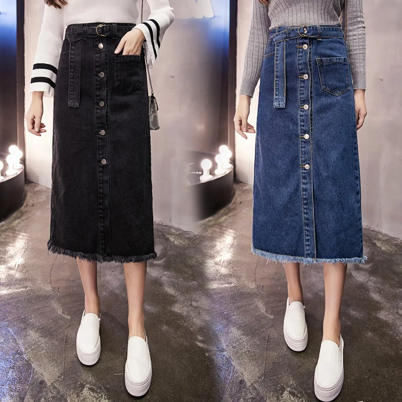 Корейская черная джинсовая юбка с высокой талией, Женская однобортная джинсовая юбка с кисточками и карманами, Классическая джинсовая юбка для женщин, Повседневная ковбойская длинная юбка