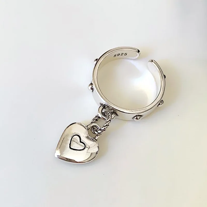 Silver Heart Ring Silver Rings Silver Ring Foxanry Stamp LOVE Heart Tassel Rings for Women Couples New Fashion Vintage Thai Silver Punk Party Jewelry Gifts