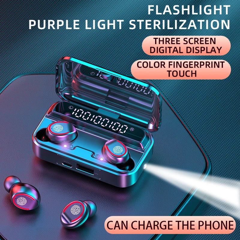 Bluetooth 5 1 Wireless Headphones with microphone Waterproof Sport TWS Earphones Touch Control Music Earbuds Mini Flashlight