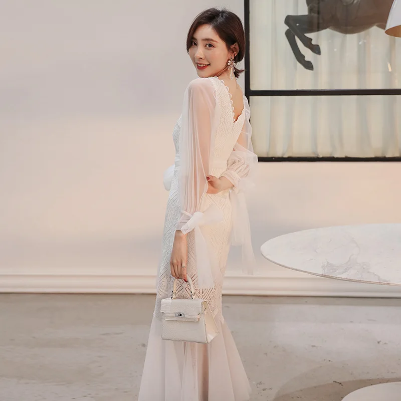 

HUAYIMENGYI Fashion Women White Lace Dresses Long Sleeve Sexy V Neck Bow Elegant Slim Bodycon Dresses For Wedding Evening Party