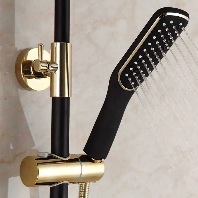 Черный золотой душевой набор ABS душевая головка и ручной душ Горячий Холодный Смеситель для ванной кран настенное крепление с полкой смесители для душа