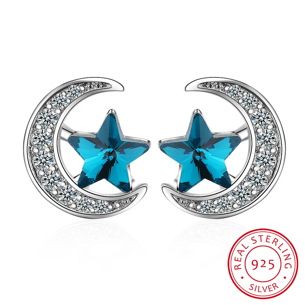 

2019 Korean Fashion 925 Sterling Sliver Small Mini Cute Luxury Moon Star CZ Stud Earrings for Women female Studs Silver Jewelry