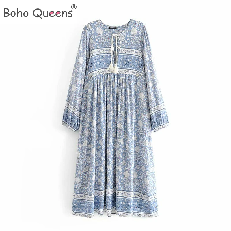 Boho Queens Women Long Sleeve Lace-up Floral Porcelain Print Beach Bohemian Maxi Dresses Ladies Tassel Rayon Happie Dress Robe | Женская