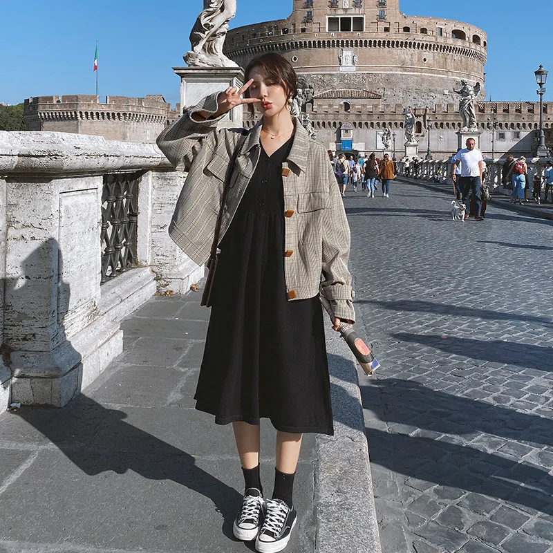 

Photo Shoot 2020 Spring New Style Korean-style Plaid Cropped Jacket Women's Short-height Retro Loose Long Sleeve Tooling Jacket
