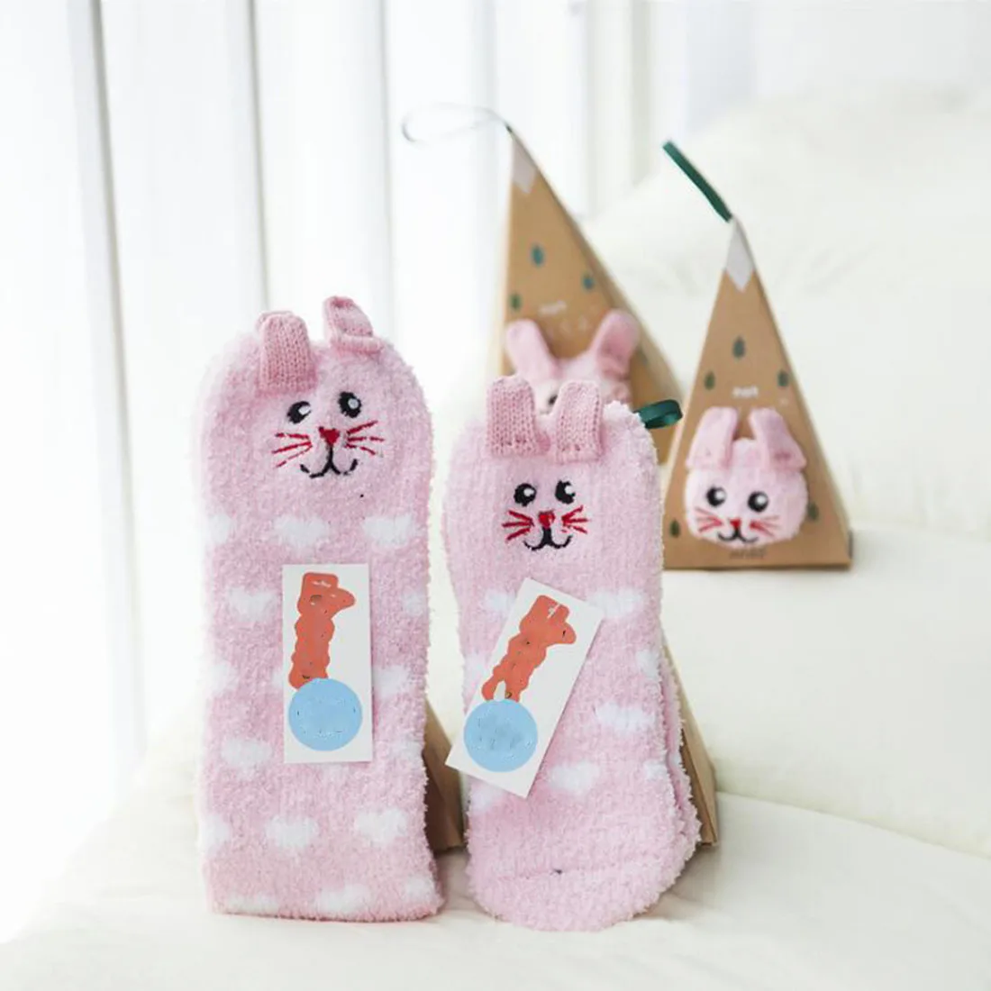 Pink Cat Милые Рождественские Носки с рисунком оленя в виде животных, подарок, объемные пушистые коралловые бархатные толстые теплые зимние носки для женщин, подарок на год, носки с коробкой - Цвет: Pink Cat