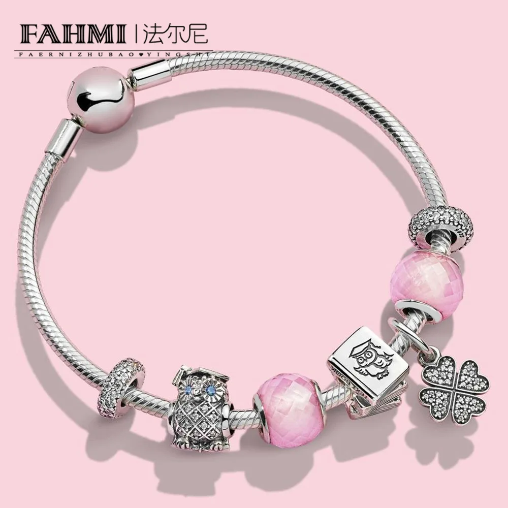 

FAHMI 100% 925 Sterling Silver Study Book Charm Four-leaf Clove Symbol of Lucky in Love Hanging Charm GRADUATE OWL Bracelet Set