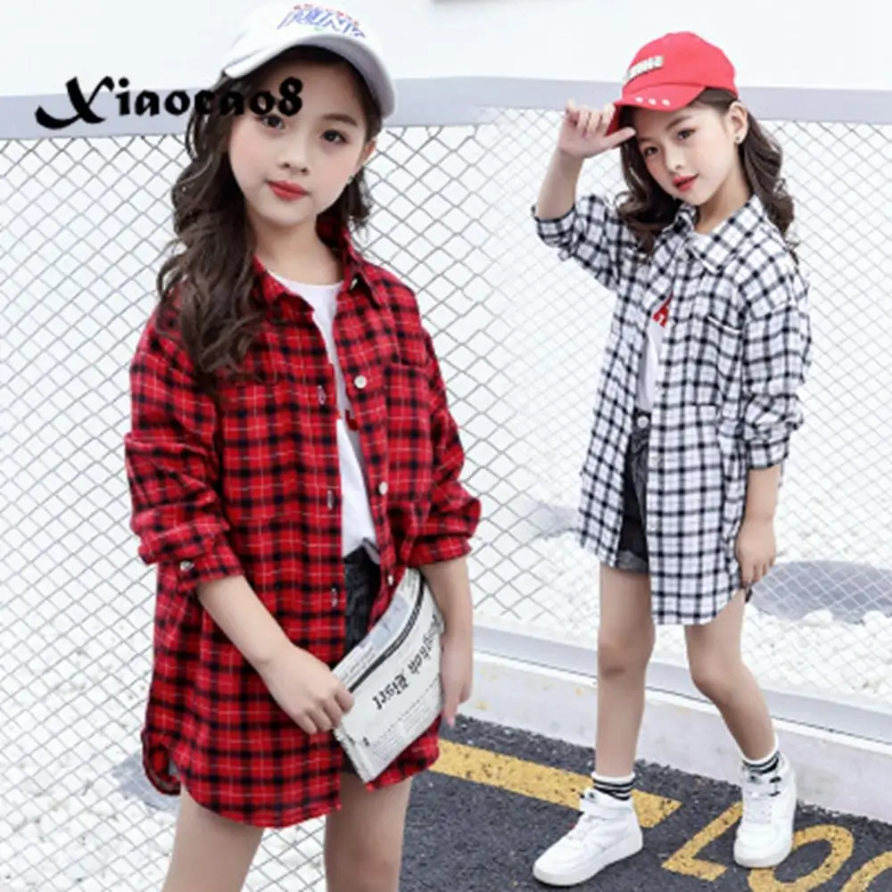 

Autumn Girls shirts red black plaid long sleeve blouse for girls letter casual shirts fall spring children clothing 5~13Years
