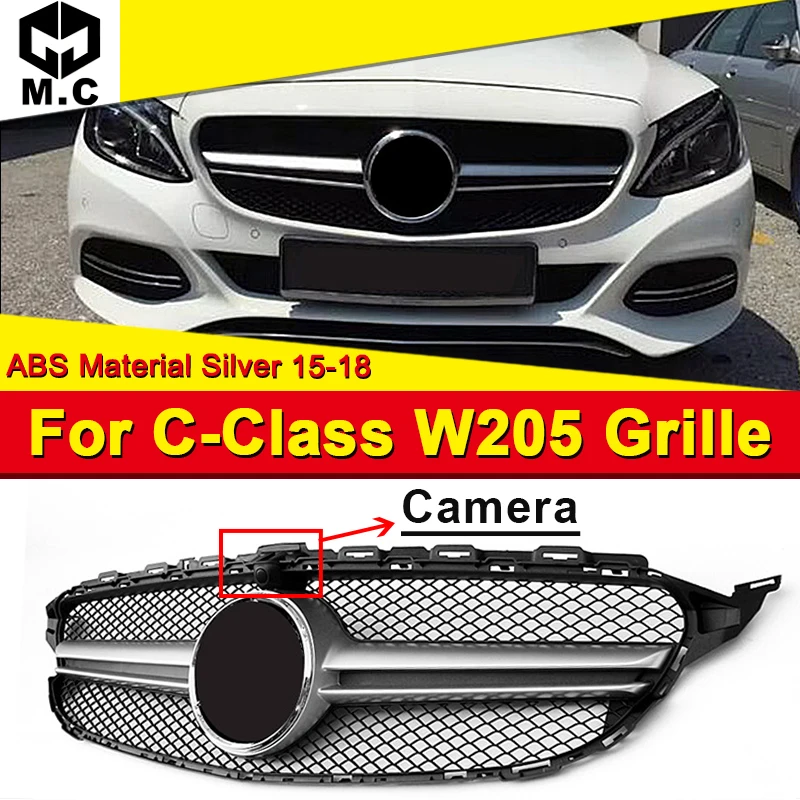 Для Mercedes c-класс C205 W205 S205 Спортивная Передняя решетка гриль грили ж/камера ABS серебро добавить на стиль C63 вид не подходит C63 15-18