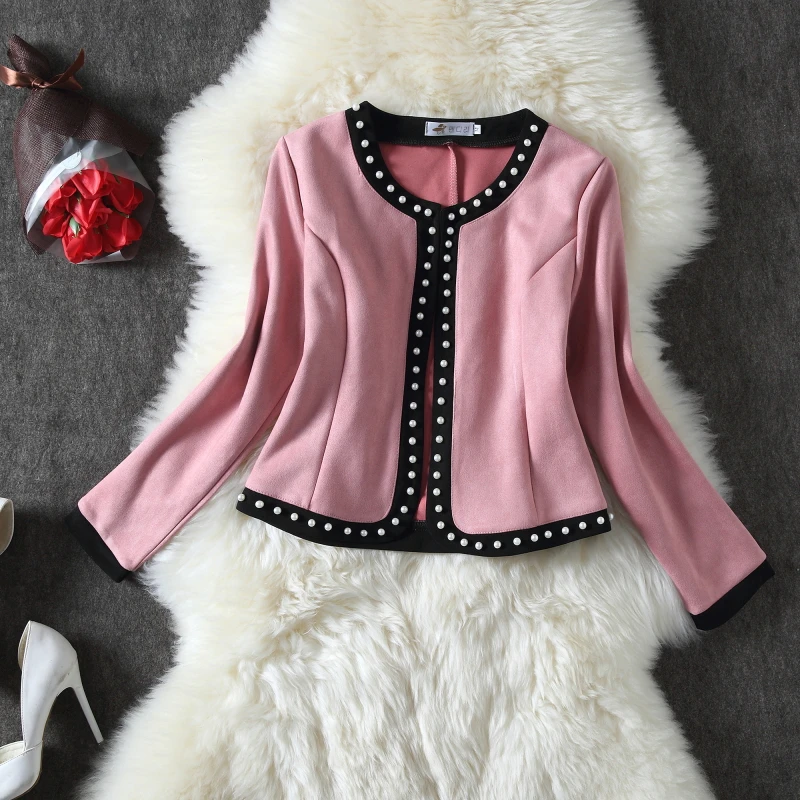 

Women's Autumn Jackets 2020 Fashion Soft Suede Beaded Pink White Short Basic Coat Female Spring