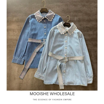 

Mooishe Spring Women Shirts Diamond Neck Long Sleeve Belt Boyfriend Shirts Tops
