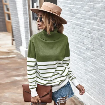 

Foridol turtleneck knitted stripe sweater pullovers female green oversized jumper casual basic autumn winter pell femme 2020